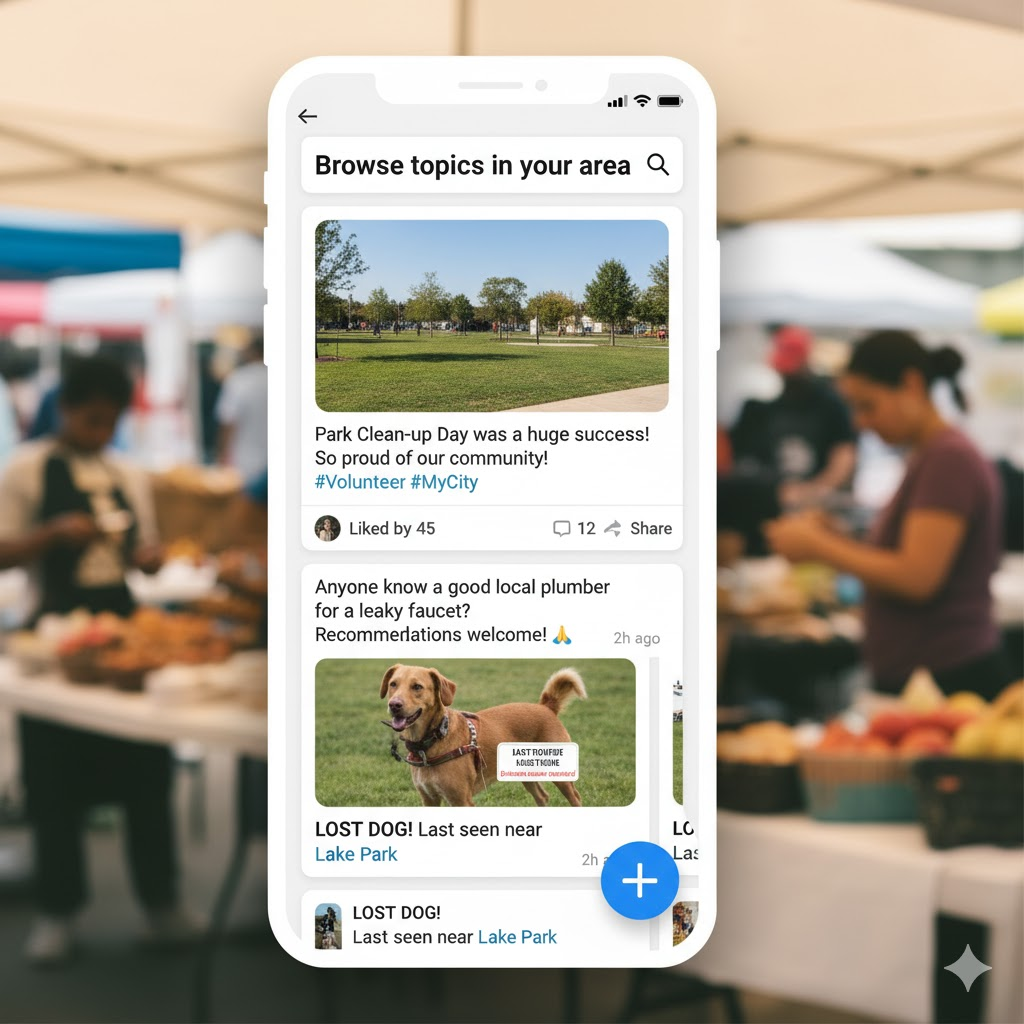 Community feed showing posts, discussions, and local updates